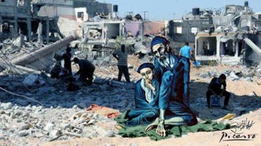 An image by Palestinian artist Basel al-Maqosui, shows a collaboration of a painting by Spanish painter, Pablo Picasso, paired with a photograph taken by al-Maqosui of people inspecting their homes after an Israeli Strike hit the Gaza Strip. (Photo courtesy: AP/Basel al-Maqosui) 
