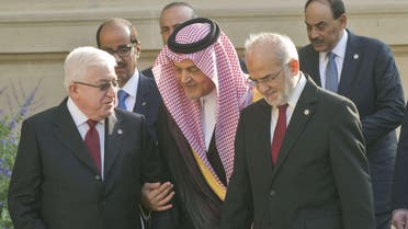 Iraqi President Fuad Masum, Saudi Foreign Minister Prince Saud al-Faisal and and Iraqi Foreign Minister Ibrahim al-Jaafari arrive at the International Conference on Peace and Security in Iraq on Sept. 15, 2014 at the French Foreign Ministry in Paris on Sept. 15, 2014. (AFP)