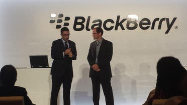 Faisal J. Abbas, Editor in Chief of Al Arabiya News (left) and Mike Al-Mefleh, Senior Director, Product Management and Services at BlackBerry, during the launch of Al Arabiya News' new app for BlackBerry 10. (Al Arabiya)