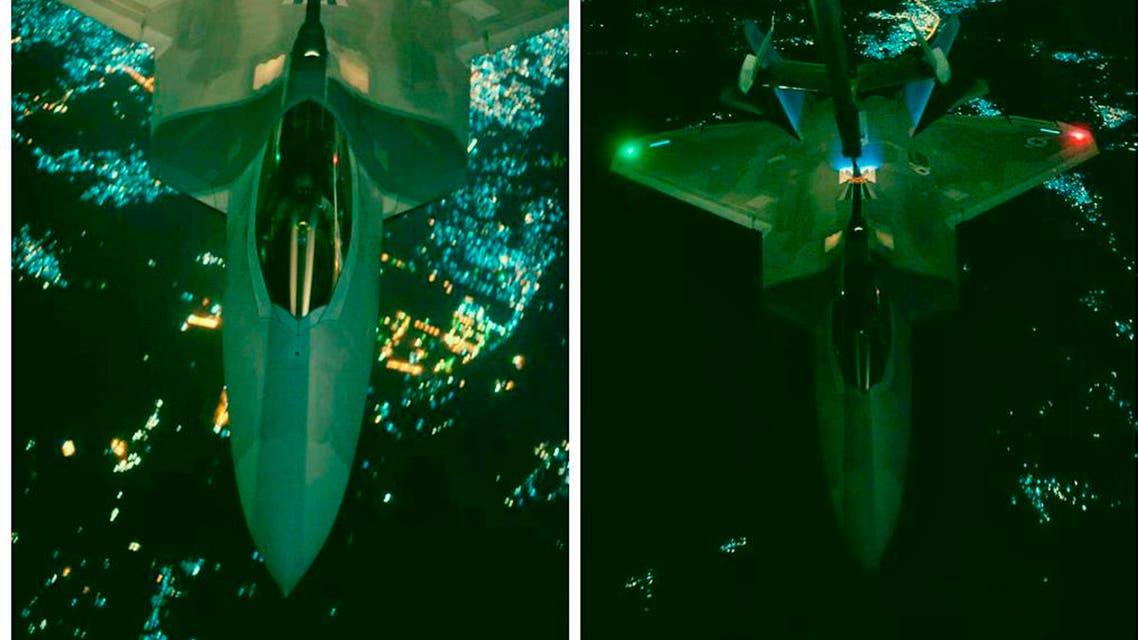 A U.S. Air Force F-22 Raptor fighter aircraft is seen prior to strike operations in Syria in this undated U.S. Air Force handout combination picture released Sept. 29, 2014. Reuters