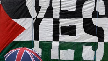 A passer-by carries a Union Flag umbrella past a pro-Palestine demonstration outside the Houses of Parliament in London October 13, 2014. (Reuters)