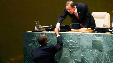 U.S. President Barack Obama (L) is greeted by United Nations Secretary General Ban Ki-moon before addressing the 69th United Nations General Assembly at U.N. headquarters in New York, September 24, 2014. (Reuters)