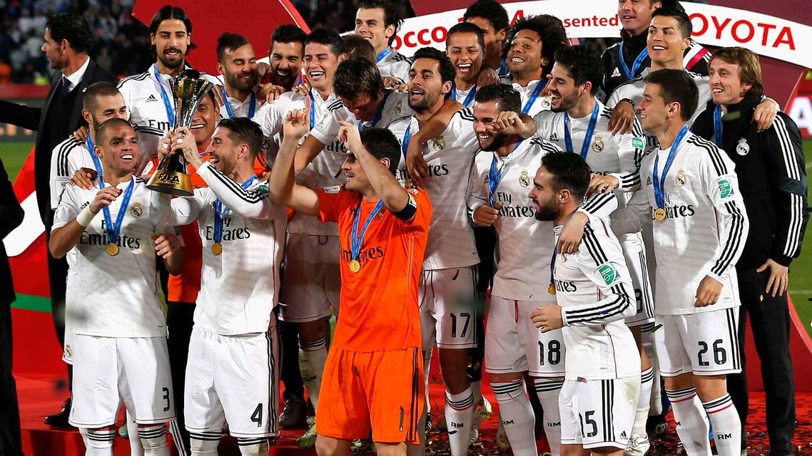 Real Madrid celebrates winning the Club World Cup final soccer match against San Lorenzo at Marrakesh stadium December 20, 2014.reuters