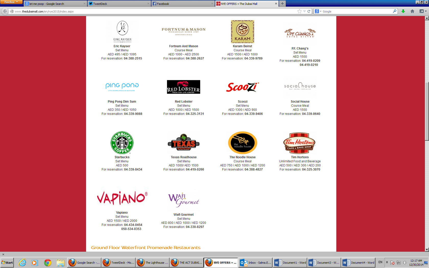 NYE price list dubai mall