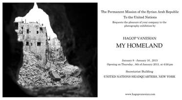    Syrian photographer defends U.N. photo exhibit  A Syrian photographer defended the pictures being displayed at the United Nations headquarters after it came under fire from the Syrian opposition representative to the U.N., the Associated Press reported.   The U.N. representative of the opposition Syrian National Coalition Najib Ghadbian called the photographer behind the new exhibit, Hagop Vanesian, a propagandist, saying that he at times has been embedded with Syrian forces in Aleppo.  “I just photograph the suffering of the people,” Vanesian told the Associated Press in comment to Ghadbian’s remarks.   He added that Western countries have listed some of the groups fighting inside Syria as terrorists.   “My Homeland,” sponsored by the Syrian government, opens on Thursday and will display photographs of a ruined Aleppo, including captions that mention defending against “terror groups.” Syrian authorities refer to those trying to topple President Bashar Assad as terrorists.   The photos are already on display at the United Nations headquarters.                    The U.N. secretary-general’s spokesman had no immediate comment on the letter from Najib Ghadbian asking the U.N. to “correct this grave mistake.” A spokeswoman for Ghadbian, Katie Guzzi, said they had not had an official response from the U.N.                    Ghadbian said the photos paint Syria’s government as victim, not aggressor.                    The fighting in Syria that began with protests against Assad in 2011 has killed more than 200,000 people and forced millions to flee. U.N. Secretary-General Ban Ki-moon has accused both the Syrian government forces and opposition forces of targeting civilians, though former U.N. human rights chief Navi Pillay last year said atrocities by the Syrian government “far outweigh” crimes by opposition fighters.  In a phone call, Vanesian told The Associated Press his work is “humanitarian” and said he’s not a politician.                                      Vanesian, who was born in Aleppo and has been a volunteer photographer with the aid group Syrian Arab Red Crescent, said he left the divided northern city eight months ago. Last summer, he posted photos of Facebook of him shaking hands with Syria’s ambassador to the U.N., as well as black-and-white portraits of the ambassador, Bashar Ja’afari.                    “The war in Syria changed my life but not my principals,” Vanesian’s Twitter profile says.                   ‘I just photograph the suffering of the people,’ Vanesian said in comment to remarks made by the Syrian opposition representative to the U.N. An invitation to the exhibition posted by Vanesian on his Facebook page. (Photo courtesy: Facebook)