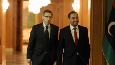 In this Thursday, Jan. 9, 2015 photo, U.N. Special Envoy to Libya Bernardino Leon, left, walks with Dr. Saleh Almkhozom, Second Deputy Chairman of the General National Congress, during their meeting in Tripoli, Libya. (AP)