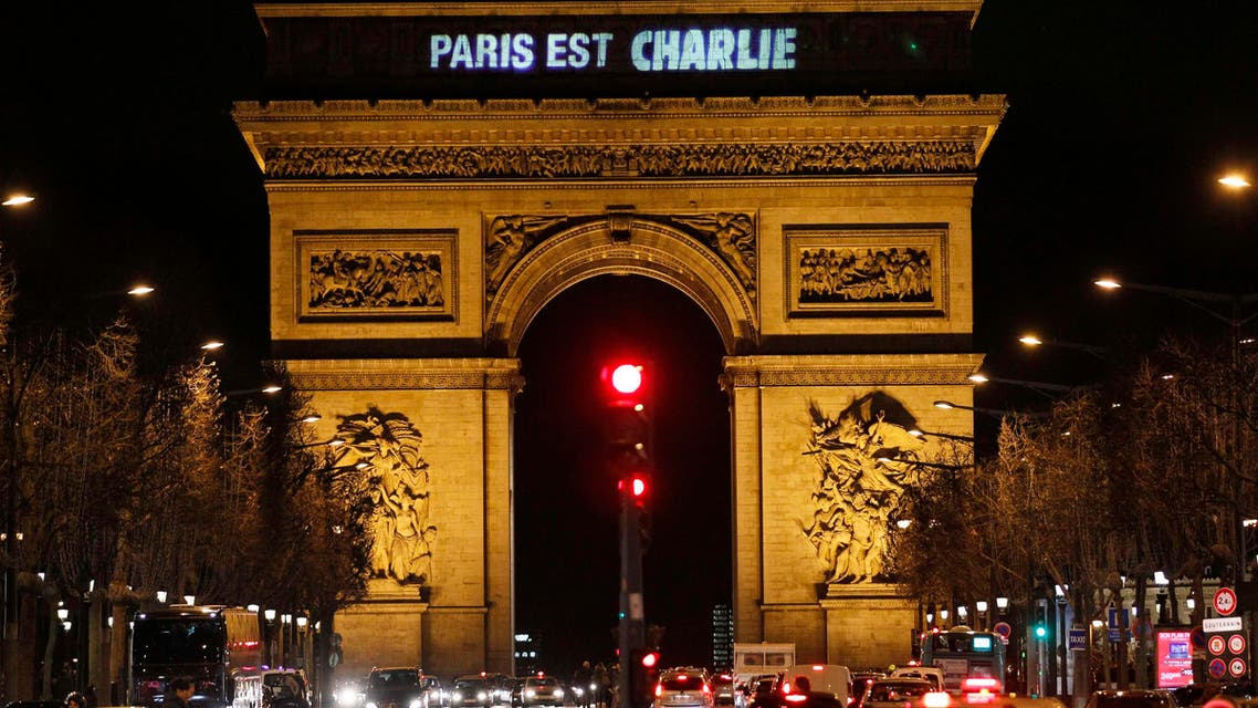 The message "Paris is Charlie" is projected on the Arc de Triomphe in Paris January 9, 2015, in tribute to the victims following Wednesday's deadly attack. (Reuters)