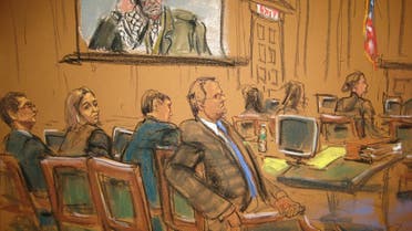 The defense team look on as late Palestinian leader Yasser Arafat is projected onscreen during the plaintiff's opening statements in this court sketch during Sokolow v. Palestine Liberation Organization in New York. Reuters