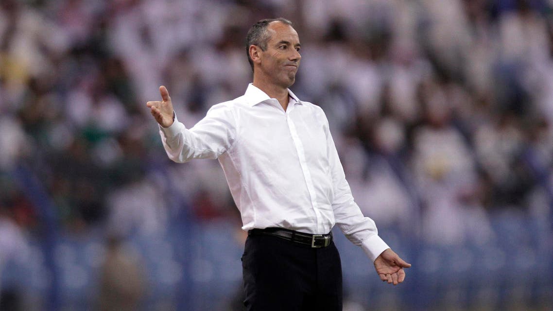 Oman head coach Paul Le Guen reacts against Saudi Arabia during their 2014 FIFA World Cup Asia qualifying soccer match at King Fahd stadium in Riyadh, Saudi Arabia, Tuesday, Nov. 15, 2011. (AP)
