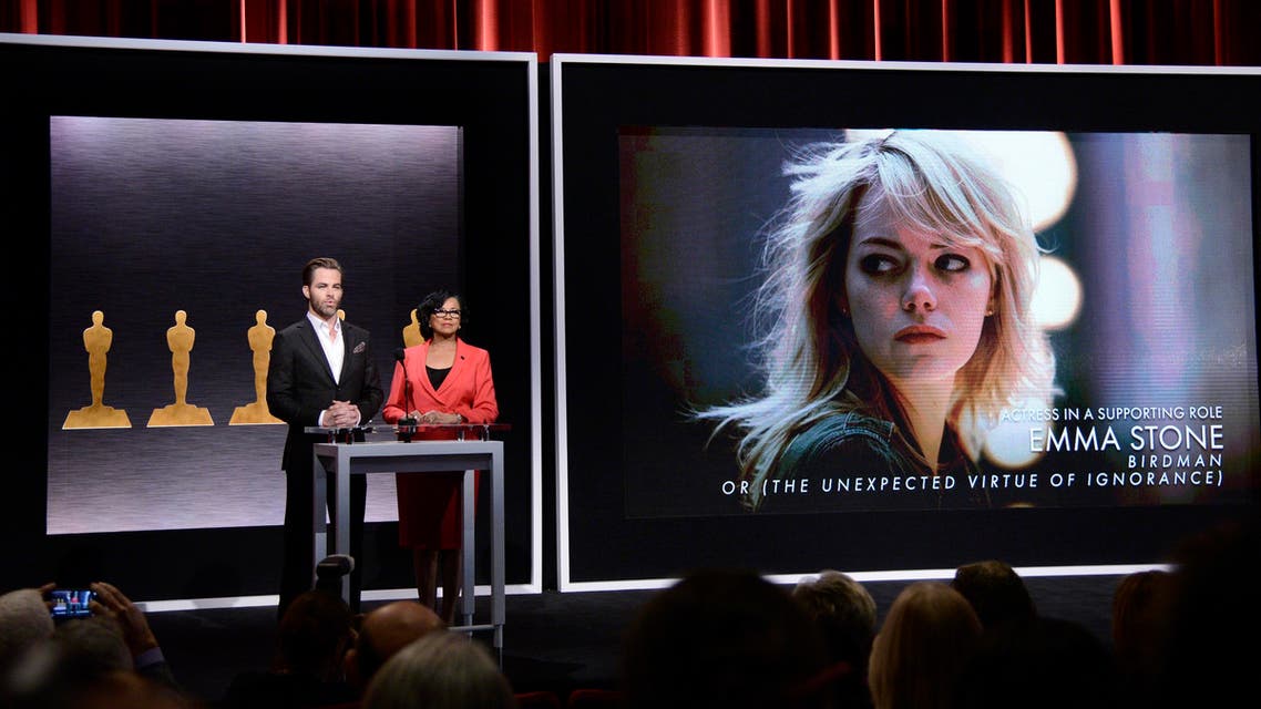 Chris Pine, left, and Academy President Cheryl Boone Isaacs announce the Academy Awards nominees for best actress in a supporting role at the 87th Academy Awards nomination ceremony on Thursday, Jan. 15, 2015 in Beverly Hills, Calif. AP