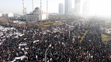 People attend a rally to protest against satirical cartoons of prophet Mohammad, near the Heart of Chechnya mosque in Grozny, Chechnya January 19, 2015. (Reuters)