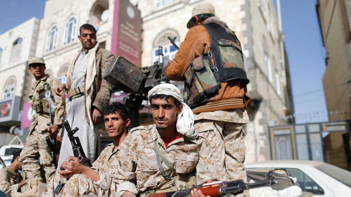 Houthi fighters ride a truck while patrolling a street in Sanaa Jan. 21, 2015. (Reuters)