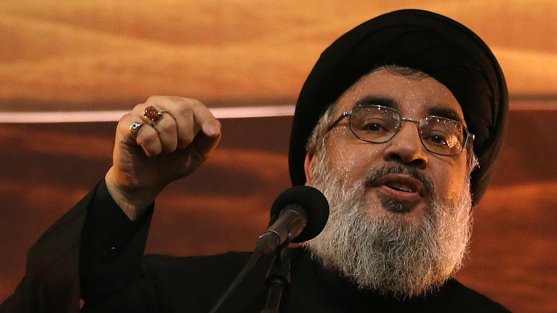 In this November 3, 2014, file photo, Hezbollah leader Sheikh Hassan Nasrallah addresses supporters ahead of the Shiite Ashura commemorations in the southern suburb of Beirut, Lebanon. AP