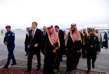Saudi Prince and Emir of Riyadh Turki bin Abdullah bin Abdelaziz (C) welcoming Dutch King Willem-Alexander (2nd--L) upon his arrival in Riyadh. (AFP)