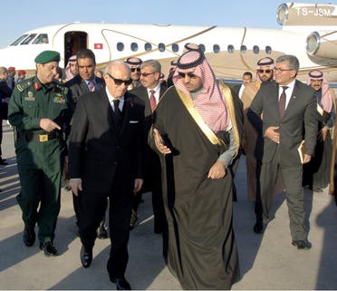 In this provided by the Saudi Press Agency, Tunisian President Beji Caid Essebsi, arrives in Riyadh, Saudi Arabia to give his country's condolences for King Abdullah, Saturday, Jan. 24, 2015. AP