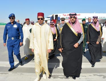 Saudi Prince and Emir of Riyadh Turki bin Abdullah bin Abdelaziz (C-R) welcoming Prince Rachid of Morocco. (AFP)