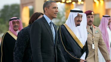 Saud Arabia’s King Salman, when he was crown prince, escort President Barack Obama to a meeting with late King Abdullah on March 28, 2014. (AP)