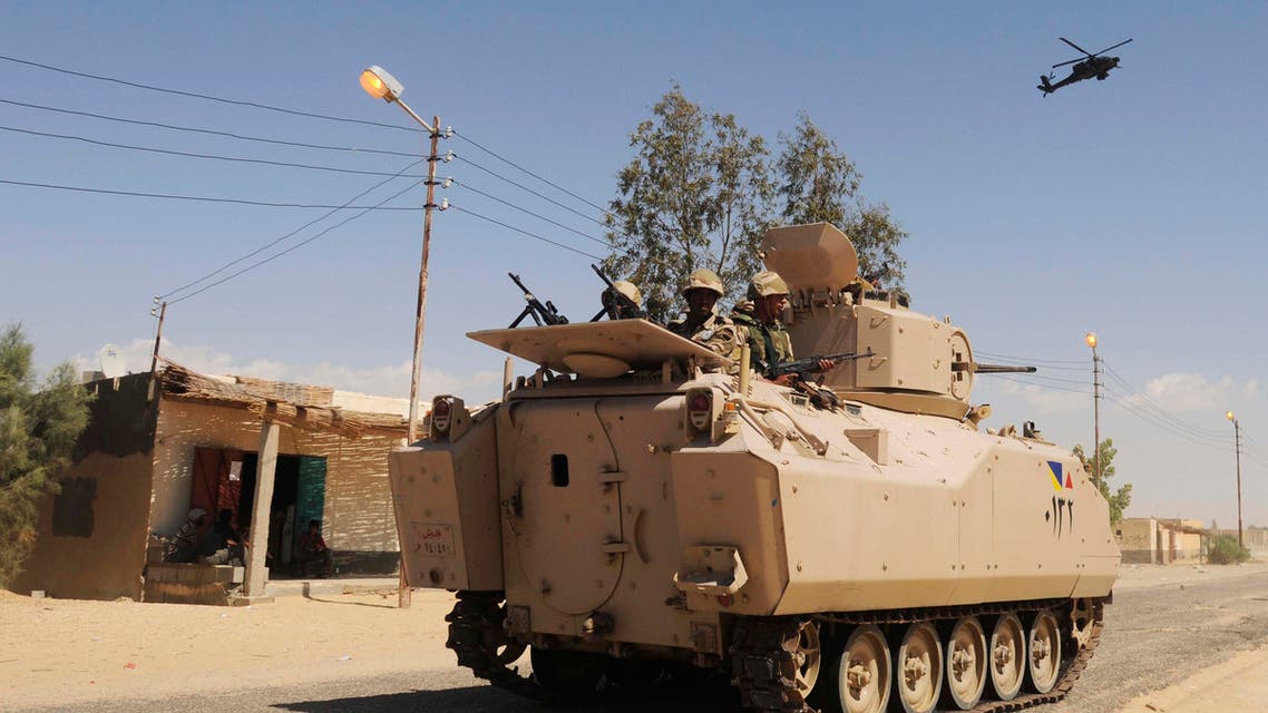 Egyptian Army soldiers patrol Sheikh Zuweyid, northern Sinai, Egypt