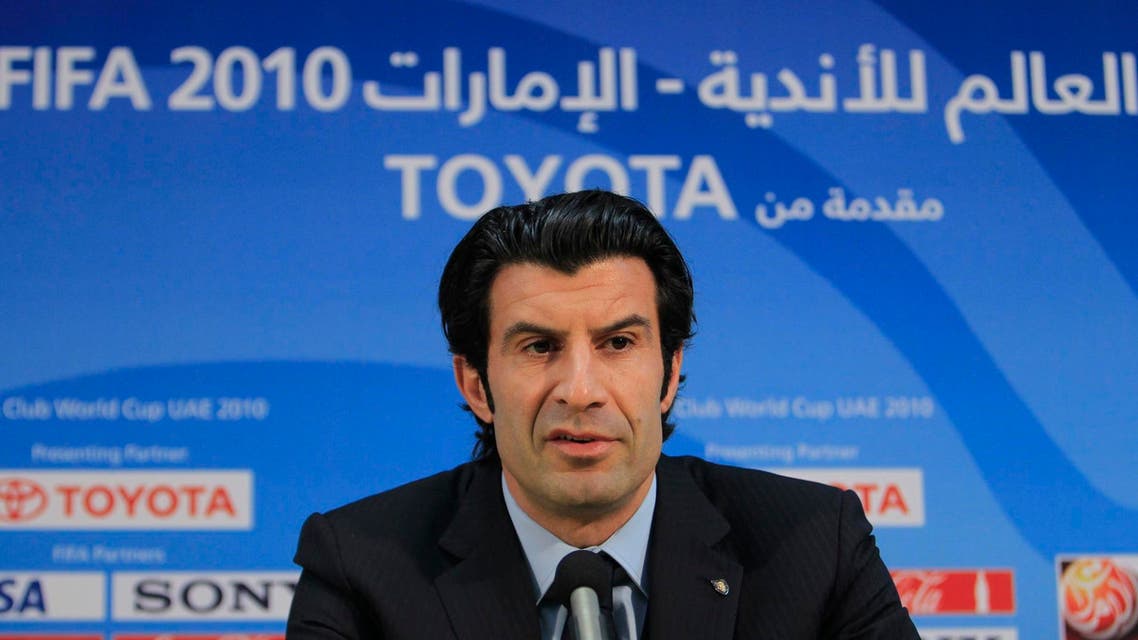 Former Portuguese international and Inter Milan player Luis Figo speaks during a news conference in Zayed sport city in Abu Dhabi