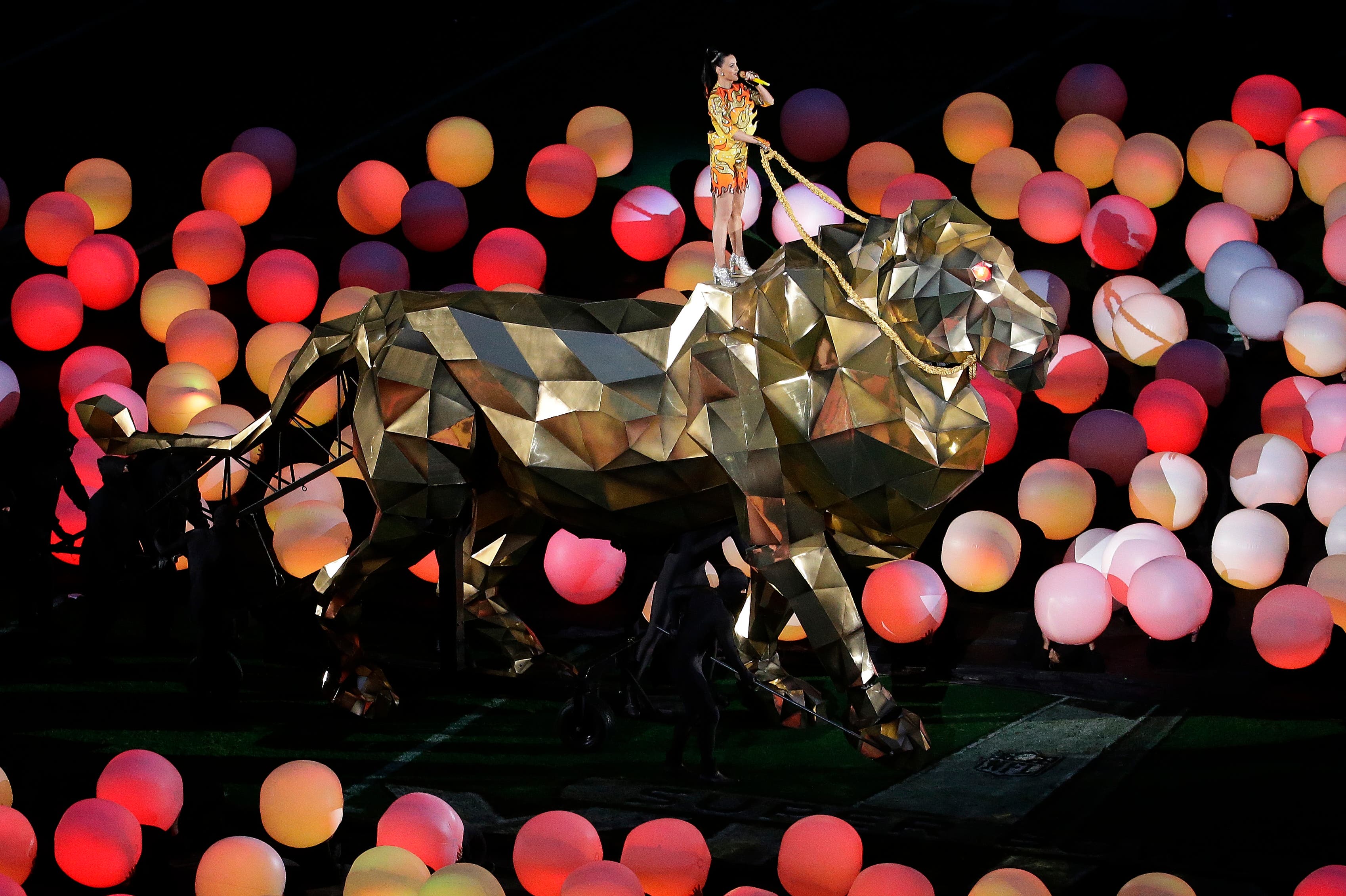 Katy Perry performs during halftime of NFL Super Bowl XLIX football game between the Seattle Seahawks and the New England Patriots Sunday, Feb. 1, 2015, in Glendale, Ariz. (AP)