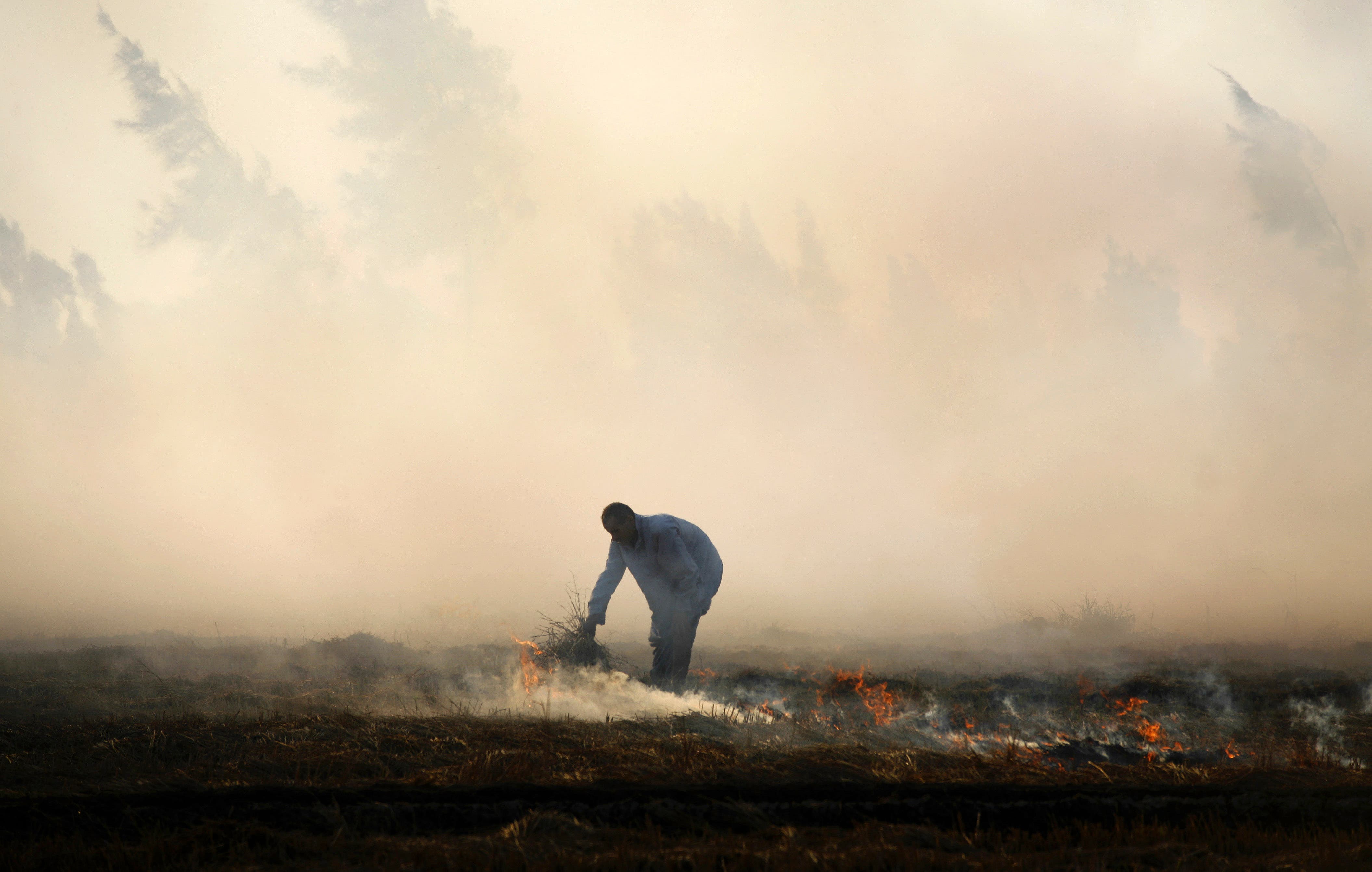 A rice farmer burns hay in a field, the traditional method of clearing fields before planting new crops, on the outskirts of Mansoura, on the Nile Delta, Egypt. (File photo: AP)