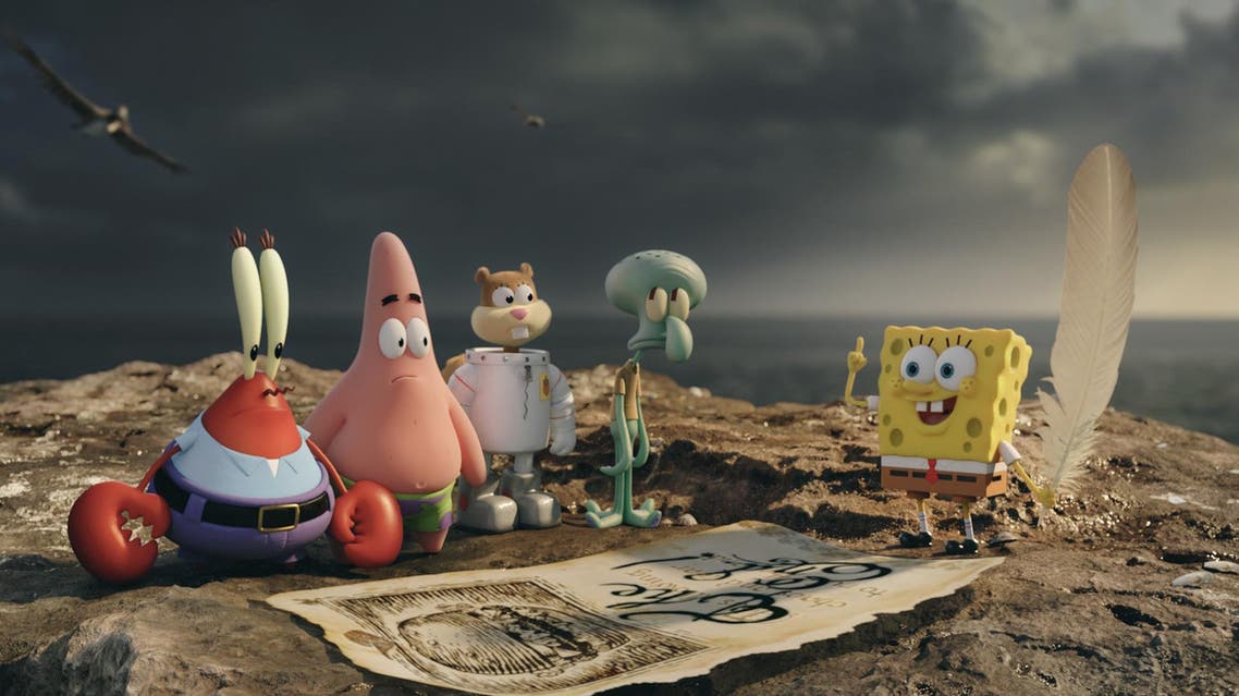 This image released by Paramount Pictures and Nickelodeon Movies shows characters, from left, Mr. Krabs, Patrick Star, Sandy Cheeks, Squidward Tentacles, and SpongeBob SquarePants in a scene from "The Spongebob Movie: Sponge Out of Water." (AP Photo)