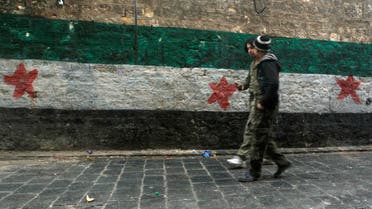 Free Syrian Army fighters walk beside a Free Syrian Army flag painted on a wall in Aleppo January 23, 2015.