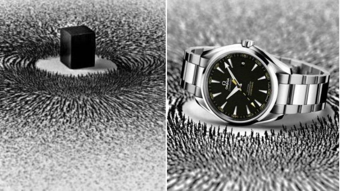 Left, the work of the Saudi artist; right, the company advertising of a watch from the OMEGA's Seamaster Aqua Terra collection. Photo credits: Ahmed Mater and EOA Projects / Omega Samaster Aqua Terra