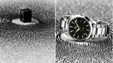 Left, the work of the Saudi artist; right, the company advertising of a watch from the OMEGA's Seamaster Aqua Terra collection. Photo credits: Ahmed Mater and EOA Projects / Omega Samaster Aqua Terra 
