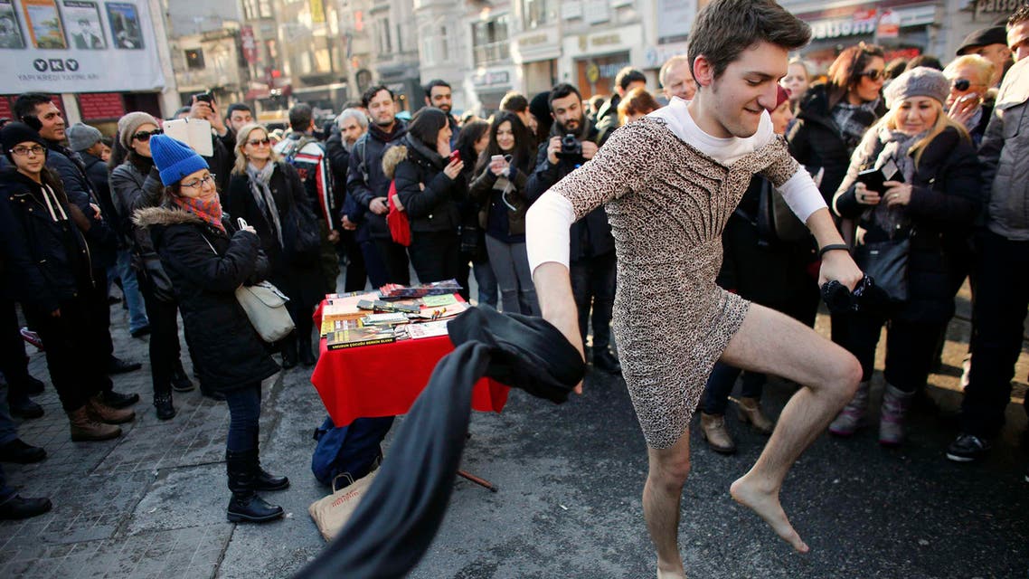 Turkish men wear skirts in protest against domestic violence 