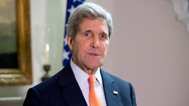 US Secretary of State John Kerry talks during his press conference with Britain's Foreign Secretary Philip Hammond, not pictured, in central London Saturday Feb. 21, 2015. AP