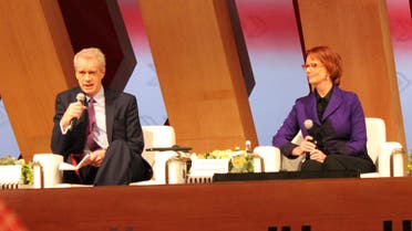 BBC presenter Stephen Sackur, left, Former Australian Prime Minister Julia Gillard, right, at the International Government Communication Forum (IGCF 2015) in Sharjah, UAE, on Sunday, Feb. 22, 2015. (Shounaz Meky/Al Arabiya News)