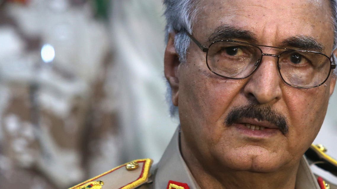 Then-General Khalifa Haftar speaks during a news conference at a sports club in Abyar, east of Benghazi May 21, 2014. (Reuters)