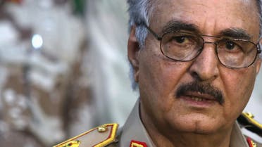 Then-General Khalifa Haftar speaks during a news conference at a sports club in Abyar, east of Benghazi May 21, 2014. (Reuters)