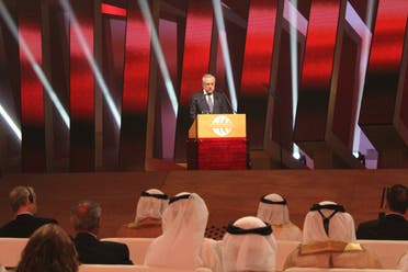 Former Lebanese President Michel Sleiman talks at the International Government Communication Forum in Sharjah on Sunday, Feb. 22, 2015. (Shounaz Mekky/Al Arabiya News)