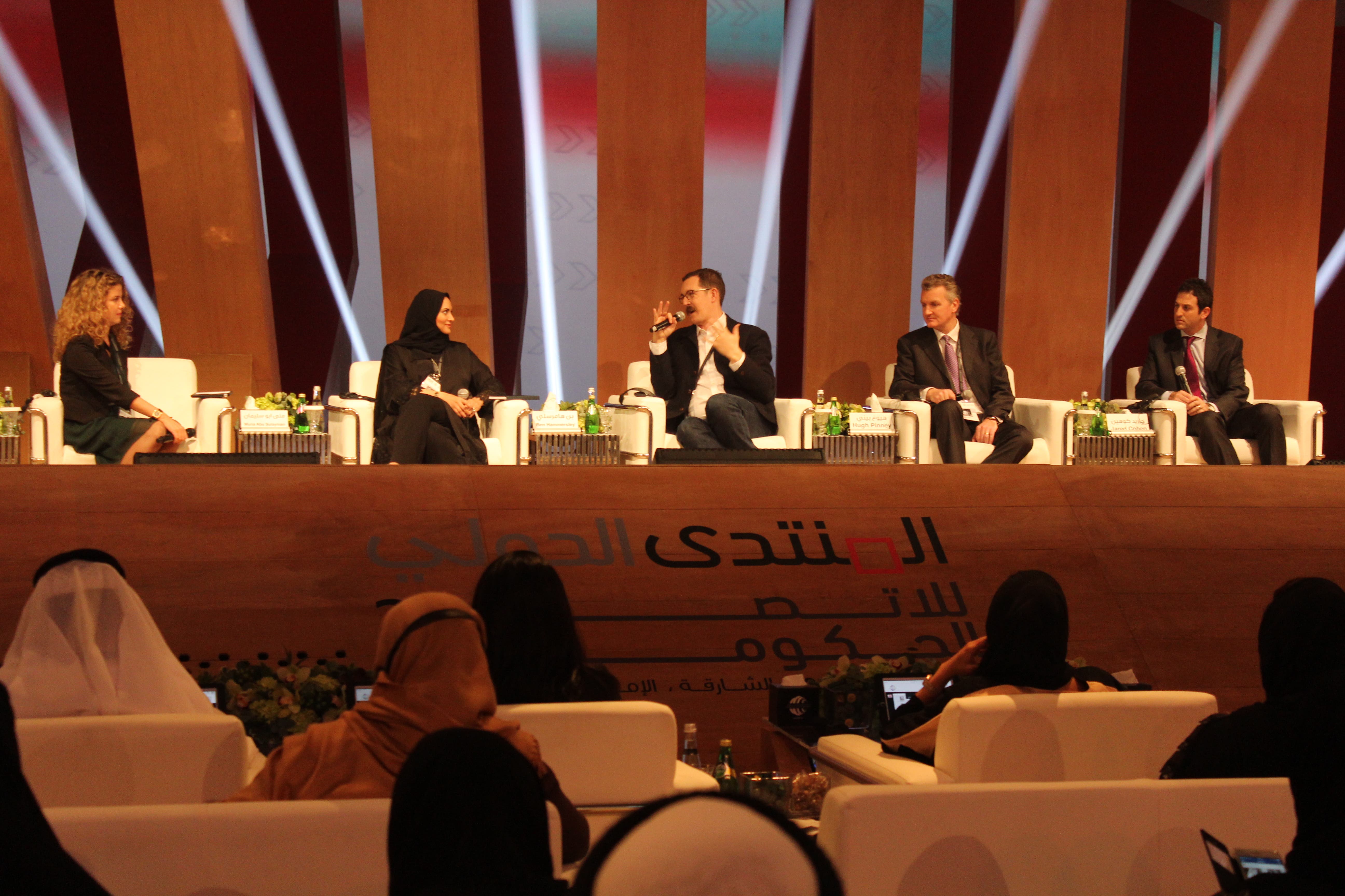 Al Arabiya News Anchor Rima Maktabi (L-R), MBC presenter Muna Abu Sulayman, Journalist Ben Hammersley, Hugh Pinny from EMEA and Jared Cohen, founder of Google Ideas, participate in a panel at IGCF Sharjah. (Shounaz Meky/ Al Arabiya News)