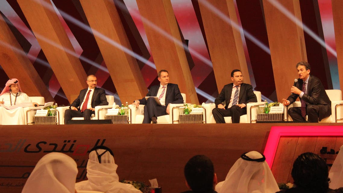 Al Arabiya’s GM Turki Al-Dakhil (L-R), Microsoft’s Khaled Hazem, UK Prime Ministry news planner Robin Gordon-Farleigh, Moroccan Minister Mustafa Al Khalfi and James Rubin, former U.S. assistant secretary of state for public affairs at IGCF Sharjah. (Al Arabiya News)