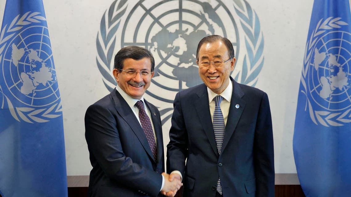 United Nations Secretary General Ban Ki-moon, right, shakes hands with Ahmet Davutoglu, Prime Minster of Turkey, at UN headquarters, Thursday, March 5, 2015. (AP)