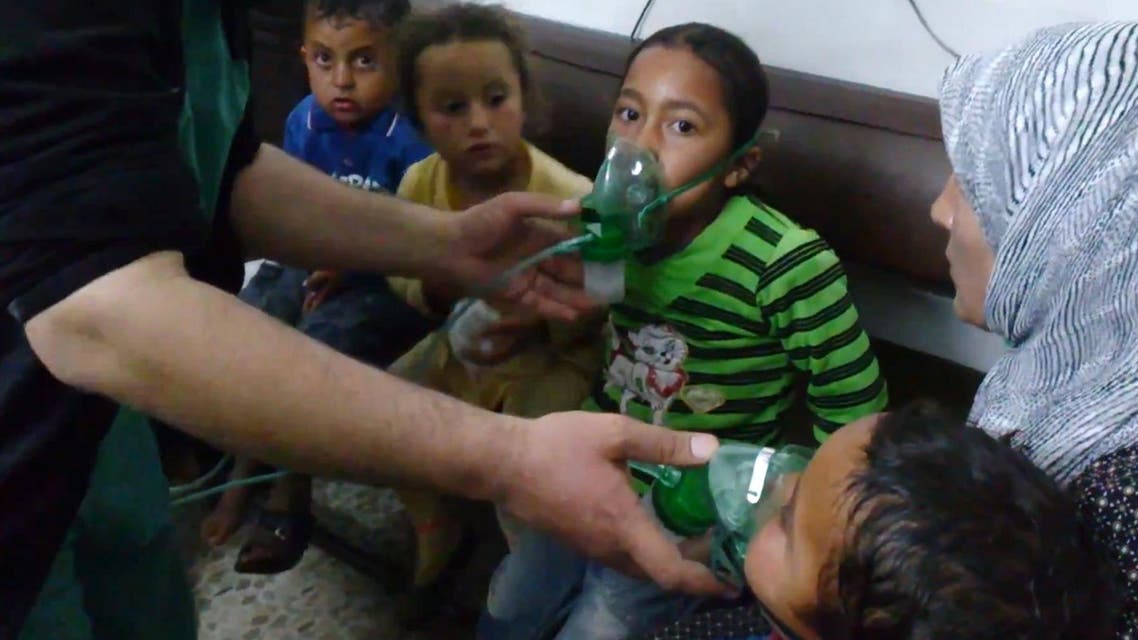 children are seen receiving oxygen in Kfar Zeita, a rebel-held village in Hama province some 200 kilometers (125 miles) north of Damascus. (AP)