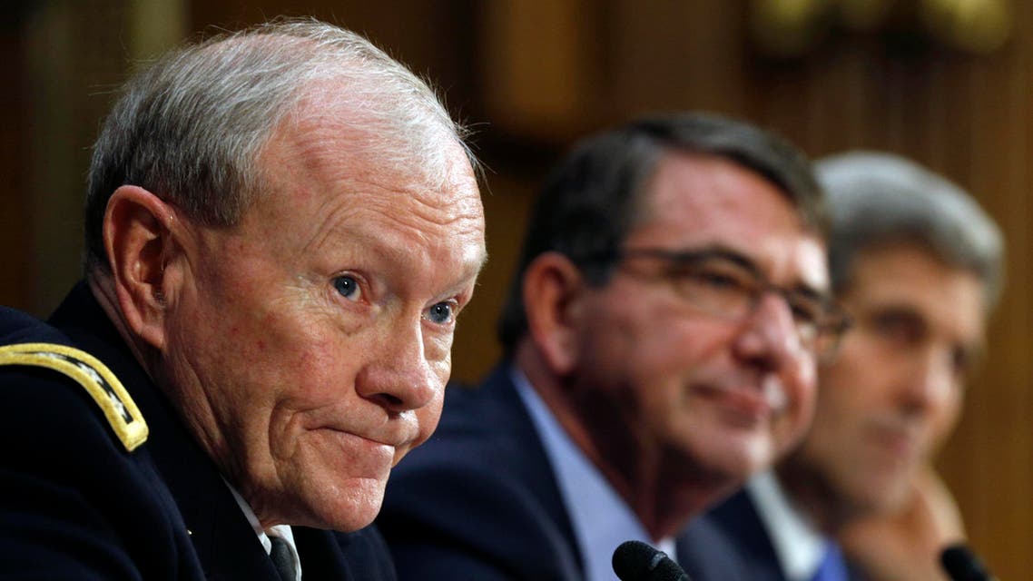 Chairman of the Joint Chiefs of Staff Army Gen. Martin Dempsey (L), U.S. Defense Secretary Ash Carter (C) and Secretary of State John Kerry testify at a Senate Foreign Relations Committee hearing on "The President's Request for Authorization to Use Force Against ISIS: Military and Diplomatic Efforts" on Capitol Hill in Washington March 11, 2015. (Reuters)