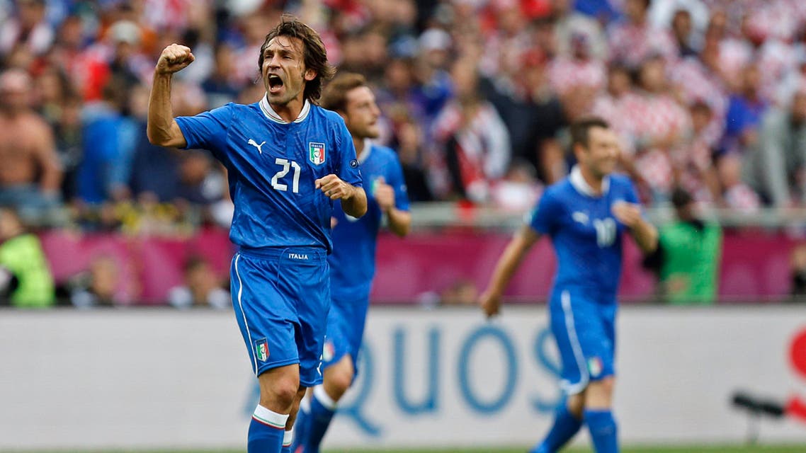 Italy's Andrea Pirlo celebrates after he scored during the Euro 2012 soccer championship Group C match between Italy and Croatia in Poznan, Poland, Thursday, June 14, 2012. (AP)