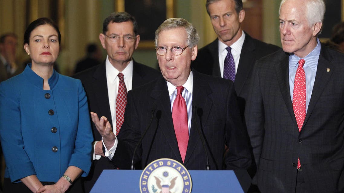 U.S. Senator Kelly Ayotte (R-NH) (L-R), Senator John Barrasso (R-WY), Senate Majority Leader Mitch McConnell (R-KY), Senator John Thune (R-SD) and Senator John Cornyn (R-TX) hold a news conference after the weekly party caucus policy luncheons at the U.S. Capitol in Washington, March 10, 2015. REUTERS