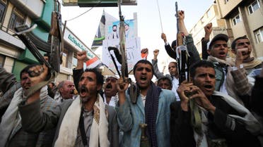 Houthi followers shout slogans during a demonstration to show support to the movement, and rejecting foreign interference in Yemen's internal affairs, in Sanaa March 13, 2015. REUTERS