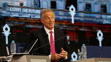 Former British Prime Minister Tony Blair speaks with international broadcaster Nik Gowing at an economic conference, in Sharm el-Sheikh, Egypt, Saturday, March 14, 2015. (AP)