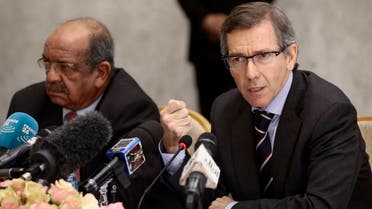 Special Representative of the Secretary-General for Libya and Head of United Nations Support Mission in Libya (UNSMIL), Bernardino Leon (R), speaks as Algeria's Minister of African and Maghreb Affairs, Abdelkader Messahel, listens as they head talks with Libyan political leaders and rivals in Algiers, March 10, 2015. (Reuters)