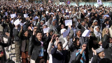 Ethnic Hazara demonstrators protest demanding action to rescue Hazaras kidnapped from a bus by masked men who many believe are influenced by Islamic State, in Ghazni, March 17, 2015. Reuters