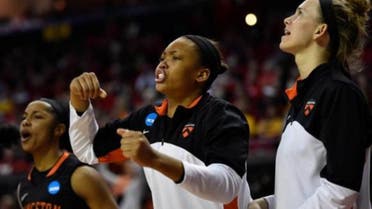 Princeton Tigers forward Leslie Robinson (center) reacts to a play on the court against the Maryland Terrapins. (Reuters) 
