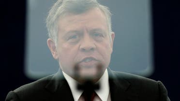Jordan's King Abdullah is seen through the screen of a video prompter as he addresses the European Parliament during a debate in Strasbourg, March 10, 2015. (Reuters)