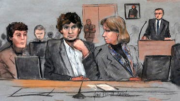 In this courtroom sketch, Dzhokhar Tsarnaev, center, is depicted between defense attorneys Miriam Conrad, left, and Judy Clarke, right, during his federal death penalty trial, March 5, 2015, in Boston. (File Photo: AP)