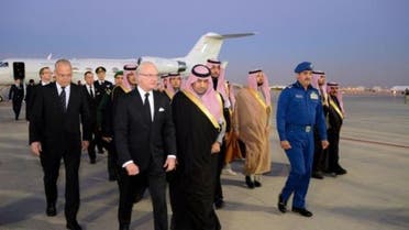Sweden’s King Carl XVI Gustaf (2nd-L) arrives to offer condolences after the death of Saudi King Abdullah Bin Abdulaziz in Riyadh, on January 24, 2015. (Courtesy: SPA)